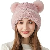 Peicees Knitted Beanie with Fur Pompom for Women Chunky Winter Beanie Hat Warm Fleece Lined Skull Cap Cute