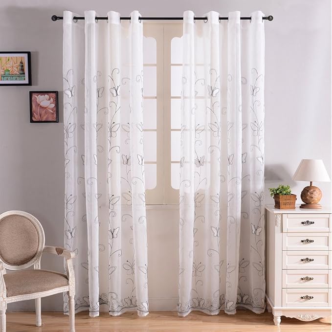 Top Finel Embroidered Butterfly White Sheer Curtains 96
