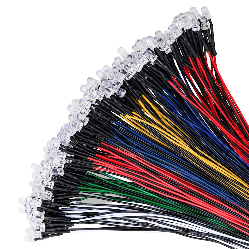 YIXISI 100 PCS 5mm LED Diodes Light 5 Color (Each Color 20 PCS) Ultra Bright 12V 20cm Pre Wired, LED Diodes Light - White Red Blue Green Yellow