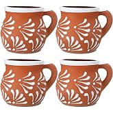 Baderke 4 Pack 12 oz Mexican Clay Mugs Mexican Coffee Mugs Pottery Cups | Handcrafted Ceramic Cups with White Floral Design, Perfect for Graduation Birthday Wedding Party Gifts, Bohemian Style