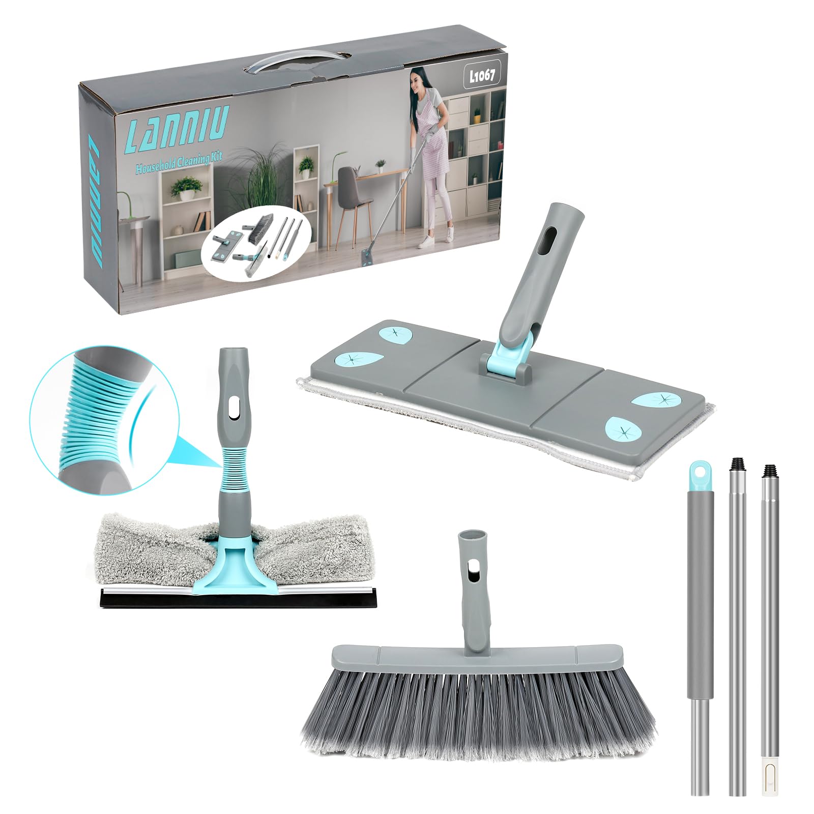 Photo 1 of 3-in-1 Detachable Broom and Mop Set Combo for House Cleaning, Collapsible Broom and Mop for RV Camping, Home, Dorm, Extension Pole, Window Squeegee, Grey