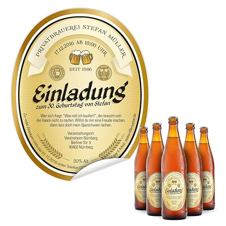 Flaschenetikett als Einladung (30 Stück) - Bier in Gelb – Bieretikett für Bierflaschen