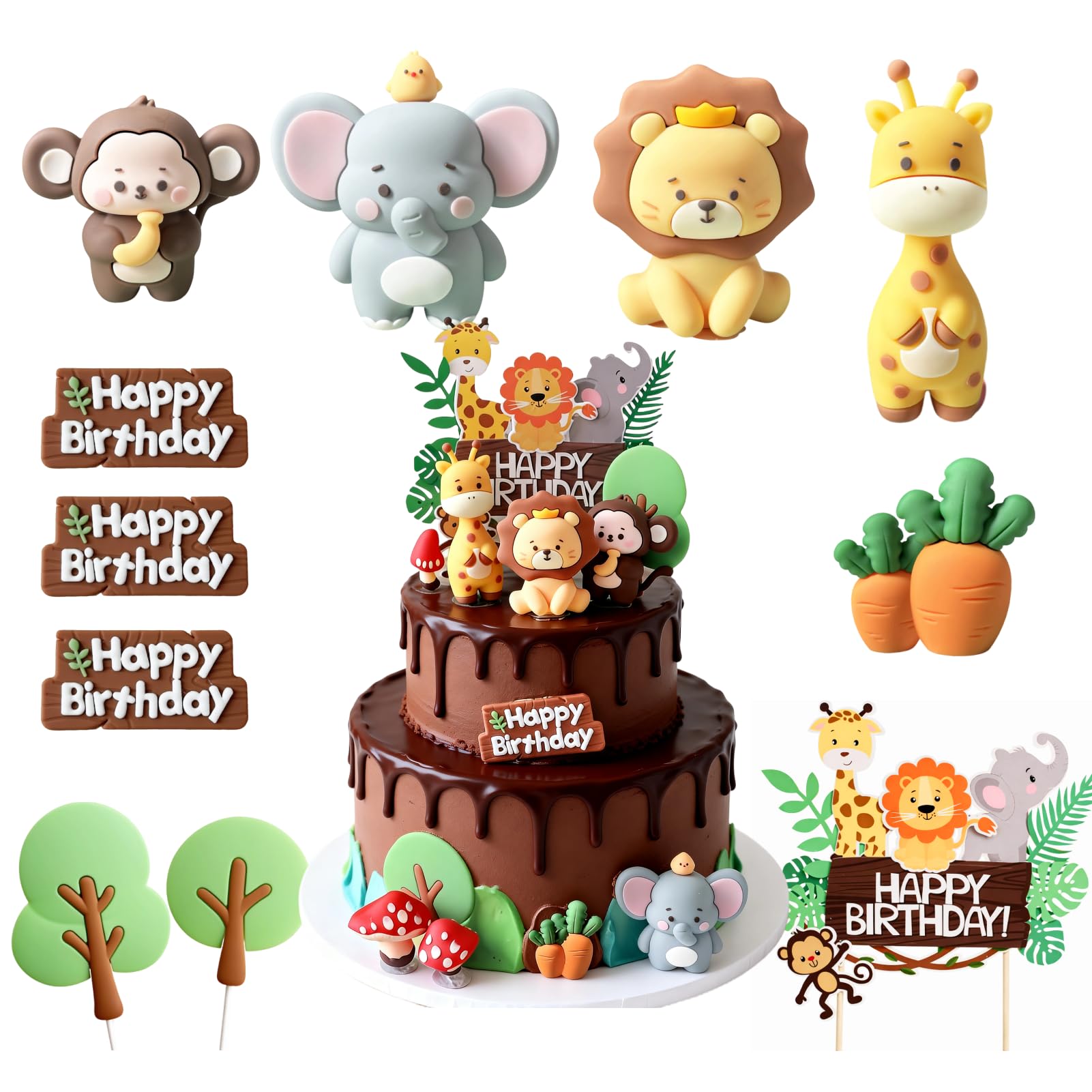 AropaeenGlowry 12-Piece Safari Animal Birthday Cake Toppers - Jungle Theme Cake Decorations Set with Giraffe, Monkey, Tiger, Elephant & Trees