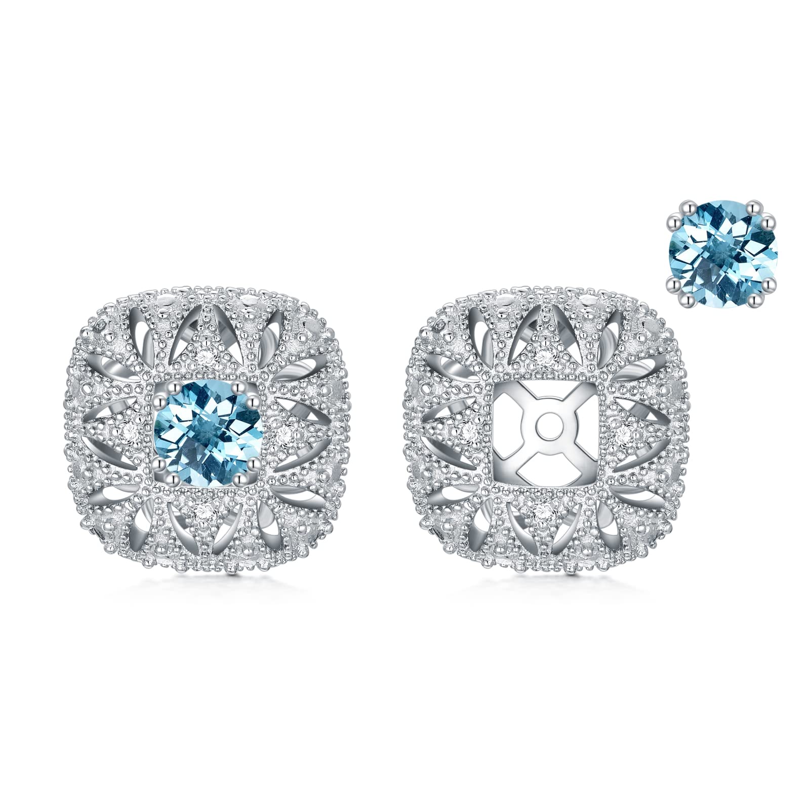CTIEIP 1/10cttw Real Diamond Eariing Jackets with Blue Topaz Studs,Sterling Silver Vintage Earrings with Diamonds for Women(G-H Color, I2-I3 Clarity)
