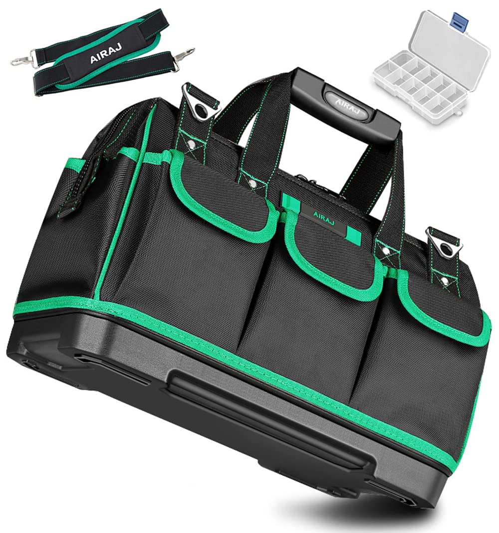 AIRAJ 16-Inch Wide Mouth Tool Bag with Waterproof Base, Double Fabric Storage with Adjustable Shoulder Strap, Heavy Duty Electrician's Tool Bag