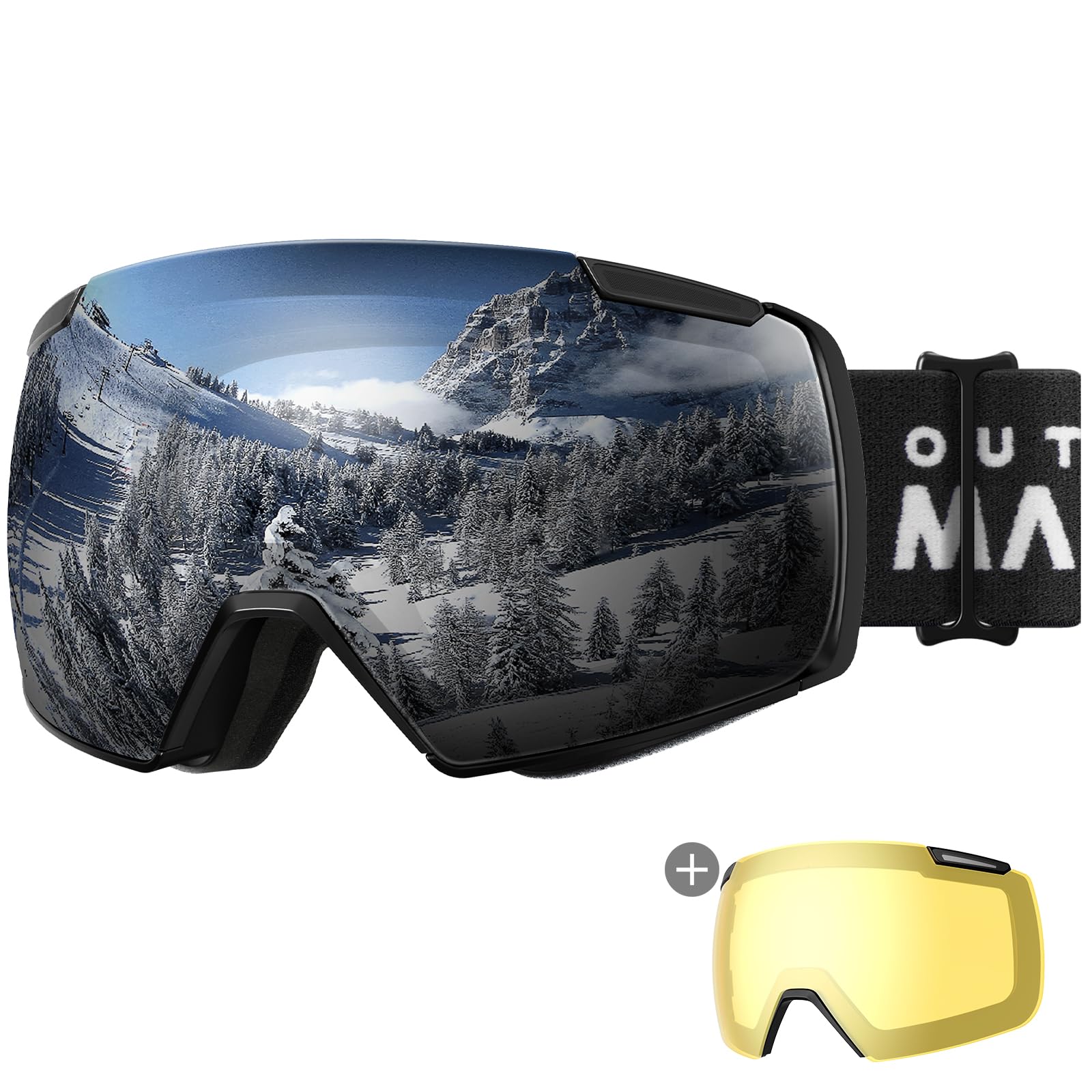 OutdoorMaster Heron Ski Goggles with 2 Lens, Frameless, Magnetic Interchangeable HD Toric Lens, OTG Snowboard Goggles(BlackFrame Silver Vlt 10% + YellowLens)