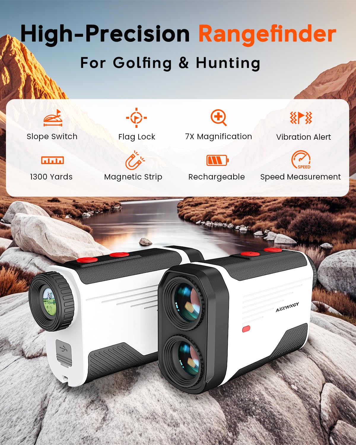 Golf Rangefinder with Slope - 1300/1500 Yards Laser Range Finder for Golf & Hunting, 7X Magnification, High-Precision Flag Locking Vibration, Rechargeable, IP54 Waterproof, Built-in Magnetic Strip