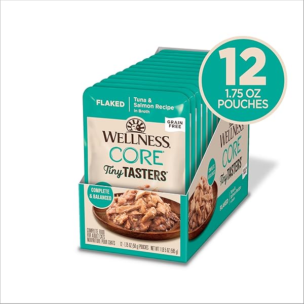 WELLNESS CORE TINY TASTERS FLAKED ADULT WET CAT FOOD, NATURAL, PROTEIN RICH, GRAIN FREE, TUNA AND SALMON RECIPE, 1.75 OZ, PACK OF 12 POUCHES