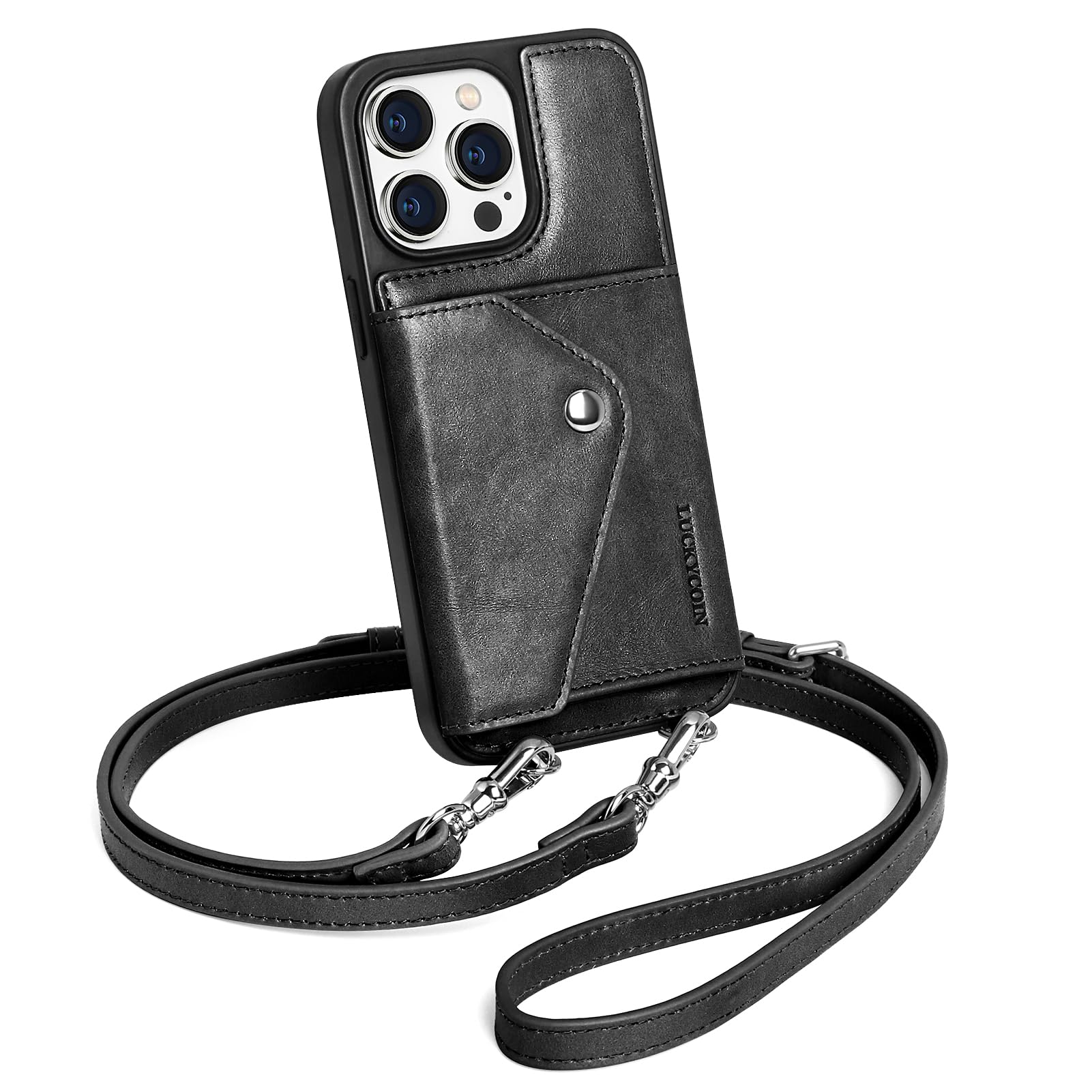 Photo 1 of LUCKYCOIN Crossbody Phone Case for iPhone 14 Pro Max,Genuine Leather Wallet Case with Expandable Flip Card Holder,Black Phone Purse for Women with Adjustable & Removable Strap,Travel/Shopping/Parties