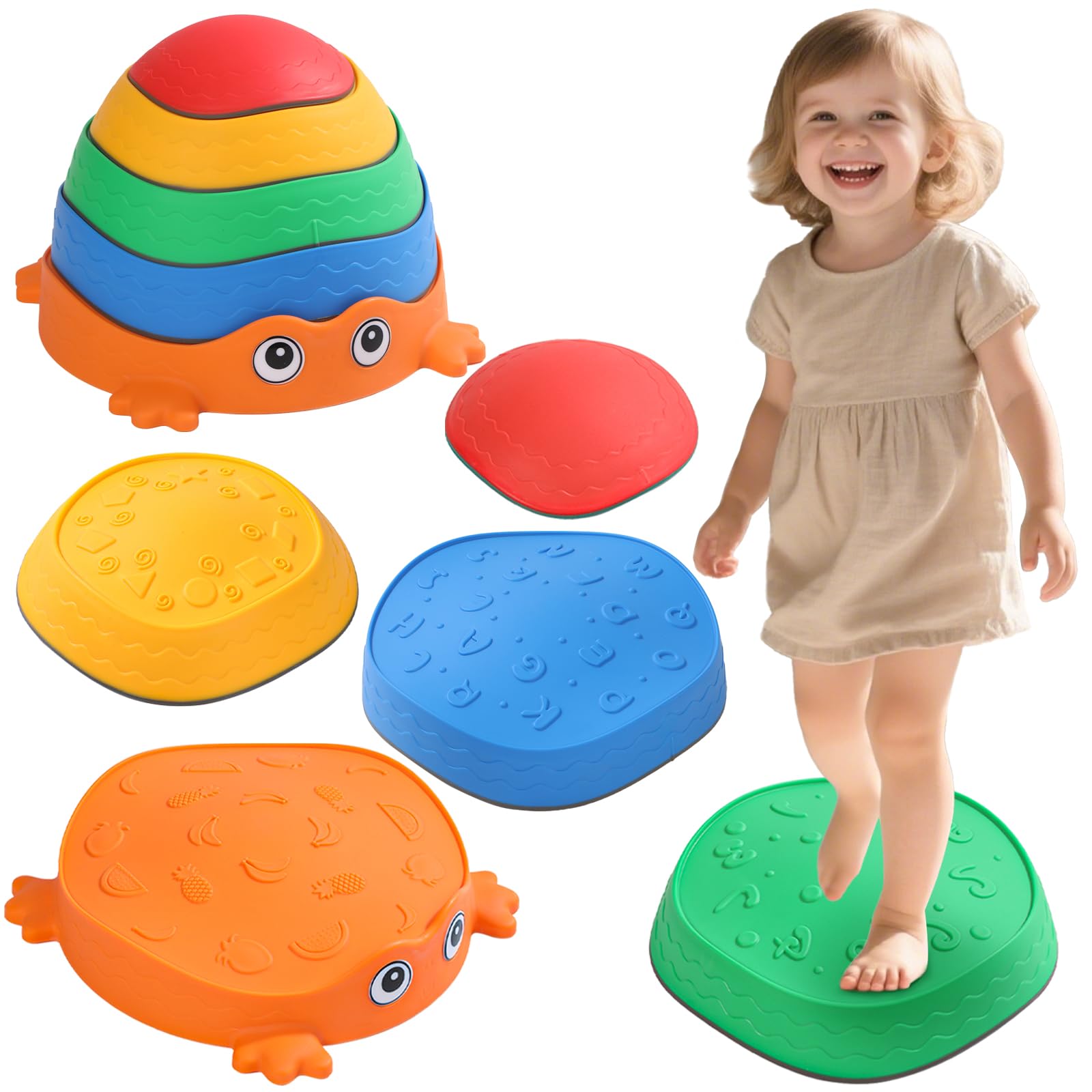 Kids Balance Stepping Stones 5 PCS Sensory Stones Kids Balance Beam with Non-slip Surface & Bottom Stackable Balance Blocks Gifts for Toddler Obstacle Course Balance Board for Indoor Outdoor