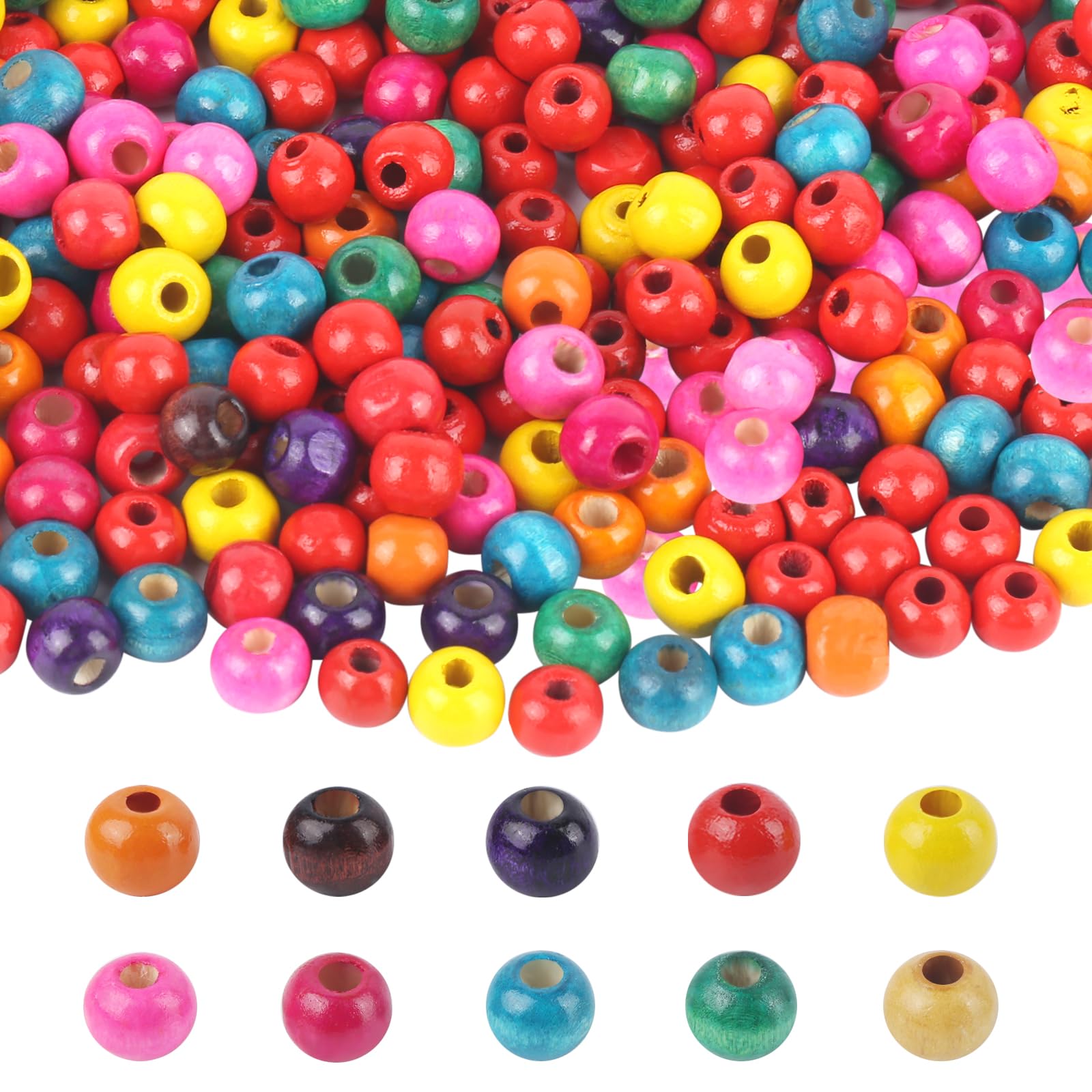 Lahnao 1000pcs Coloured Wooden Beads - 8mm Round Natural Threading Beads for Crafting, Macrame, DIY Bracelet, Necklaces, Arts and Crafts