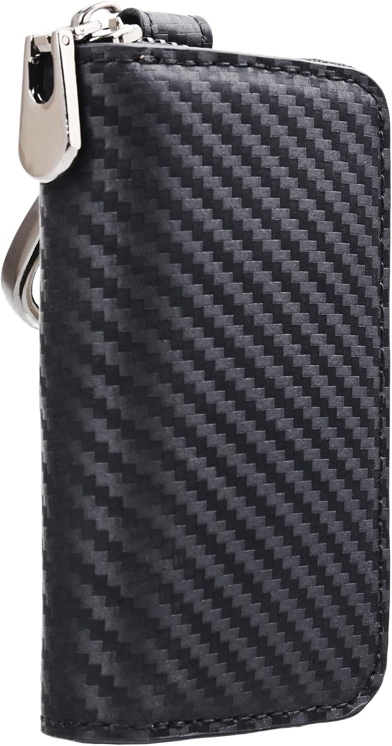 Car Keychain Holder Carbon Fiber Leather Car Smart Key Chain Holder Metal Hook Keyring Wallet Zipper Bag for Vehicle Keyless Entry For Men's Car Key Case Remote Key Fob