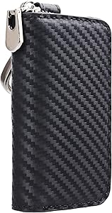 Car Keychain Holder Carbon Fiber Leather Car Smart Key Chain Holder Metal Hook Keyring Wallet Zipper Bag for Vehicle Keyless Entry For Men's Car Key Case Remote Key Fob