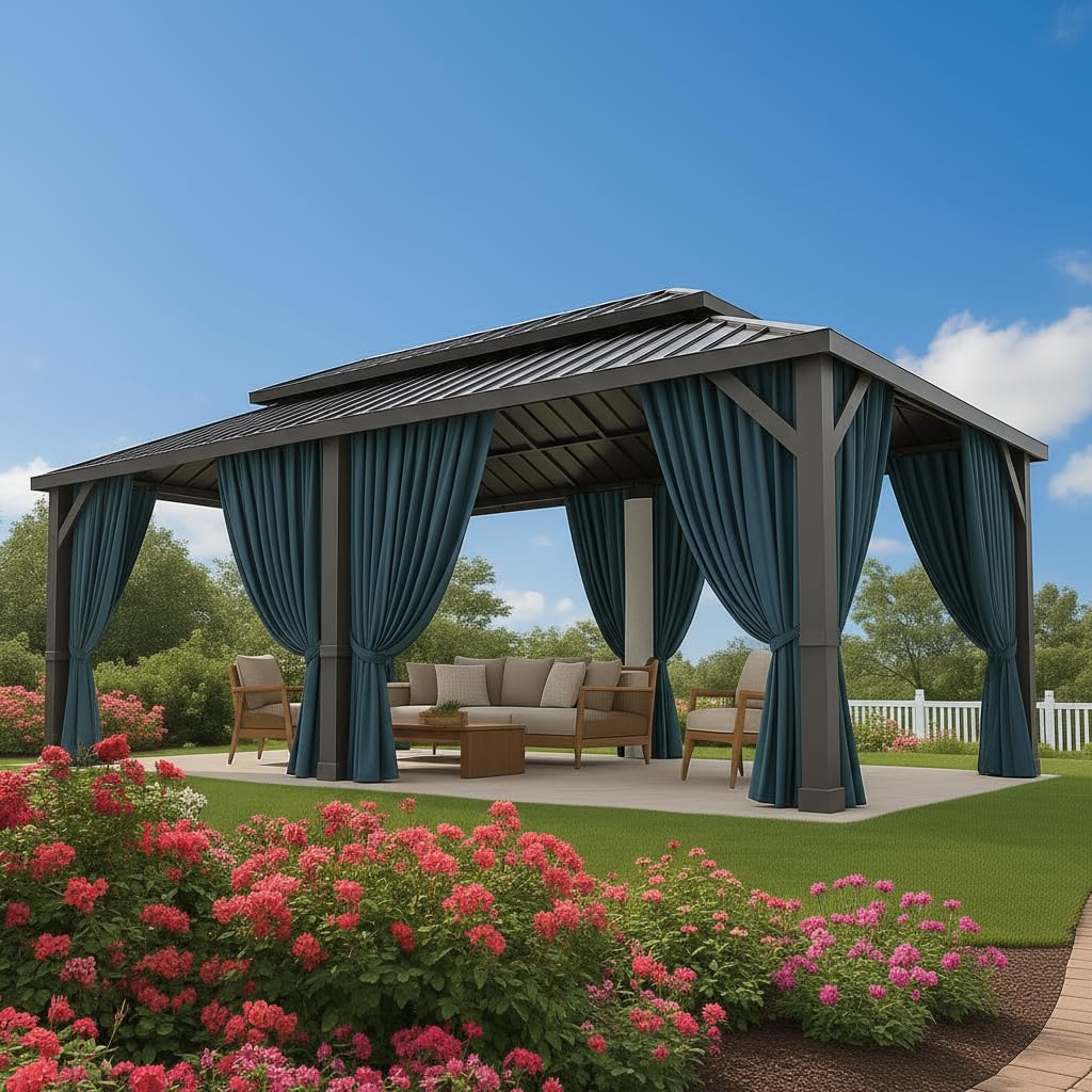 Photo 1 of HOTEEL 12x20 Gazebo with Metal Roof Heavy Duty Hardtop Gazebo with Flame-Retardant Curtain & Netting, Hot Tub Gazebos with Metal Double Roof, Outdoor Canopy for Patio, Party, Black(2025 Pro)