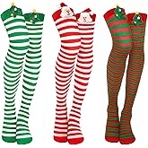 BOARDFEB 3 Pairs Christmas Thigh High Socks, Striped Over Knee Thigh High Stockings Candy Cane High Stockings with Bow Green Red White Stripe Socks for Christmas Women Girls Costume