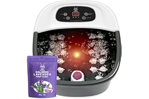 Foot Spa Bath Massager with Heat Bubbles and Vibration Massage and Jets, 16 OZ Calming Lavender Foot Soak Epsom Salt, MoodRelish Foot Soaker with Red Light, 22 Massage Rollers, Adjustable Temp - Black