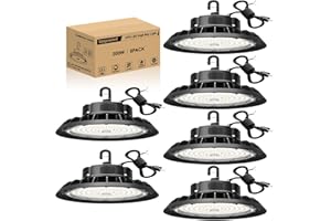 JC-LGL UFO LED High Bay Light 200W 6 Pack, High Bay LED Shop Light 30,000LM 0-10V Dimmable, 5' Cable with US Plug, Hanging Hook, Safe Rope, ETL Listed High Bay for Warehouse Factory Barn Shop