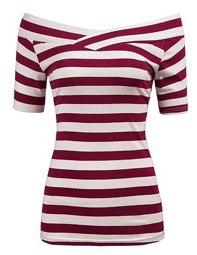 Zeagoo Damen Schulterfrei Kurzarmshirt Gestreiftes Shirt Off Schulter Obertail T-Shirt Tops