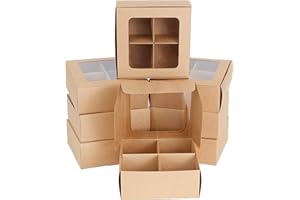 GRETEL BAKING Treat boxes with window and dividers | 4 MEDIUM compartments | 6 x 6 x 2.4 in | Christmas treat boxes, cookie boxes with window, clear treat boxes, bakery packaging | 24-pack (Kraft)