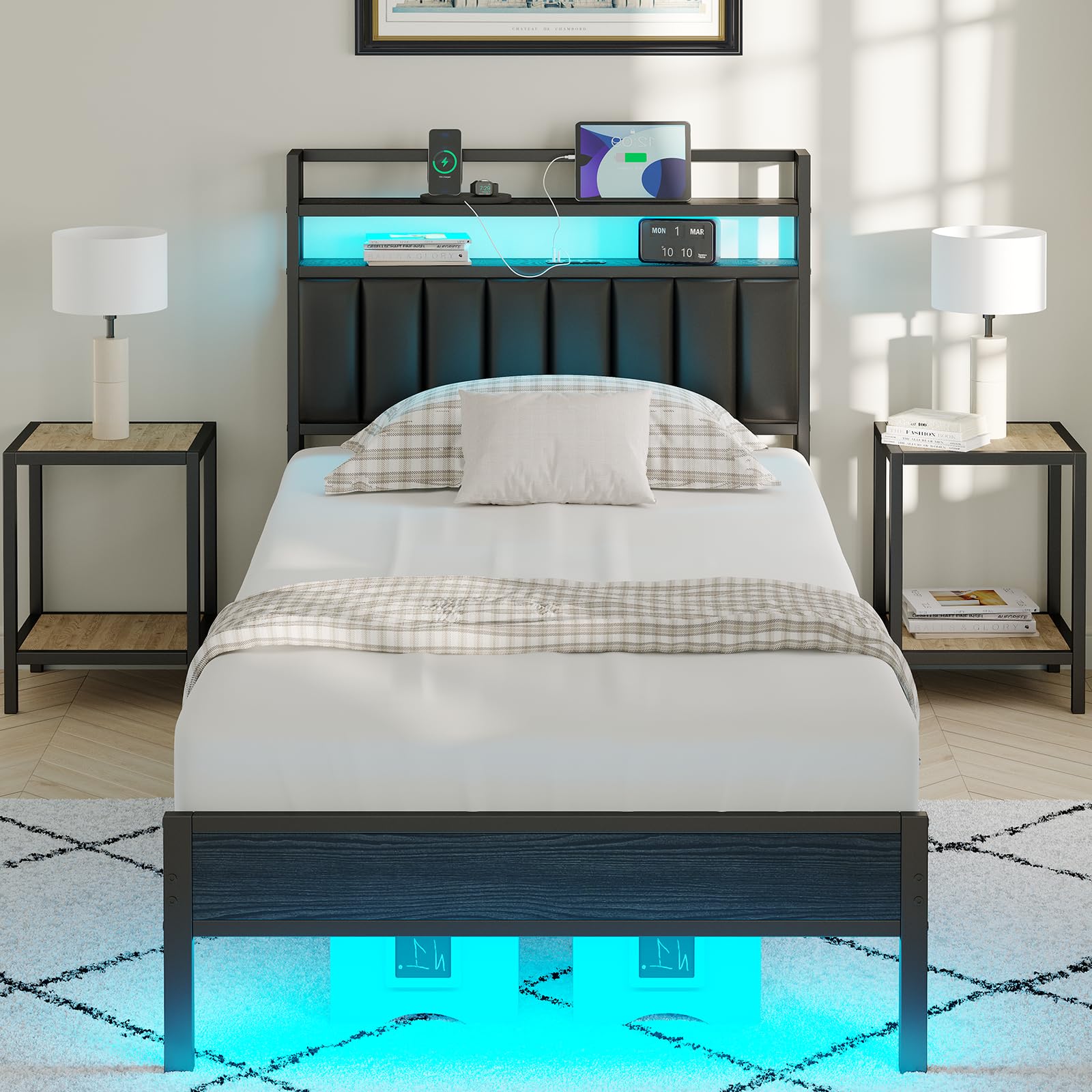 Photo 1 of ***IMAGE FREFERENCE***Twin Size Bed Frame with Charging Station and LED Lights, Metal Bed Frame with Headboard, Black Upholstered Headboard with 2-Tier Storage Shelves, Noise Free, No Box Spring Needed, Black