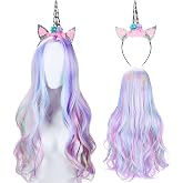 Syhood 3 PC Halloween Unicorn Wig Set Long Curly Wig Gold Horn Ear Headband | Wavy Colorful Wig with Cap, Gold Horn Ears Flower Headband, for Halloween Cosplay Music Festival Costume Party