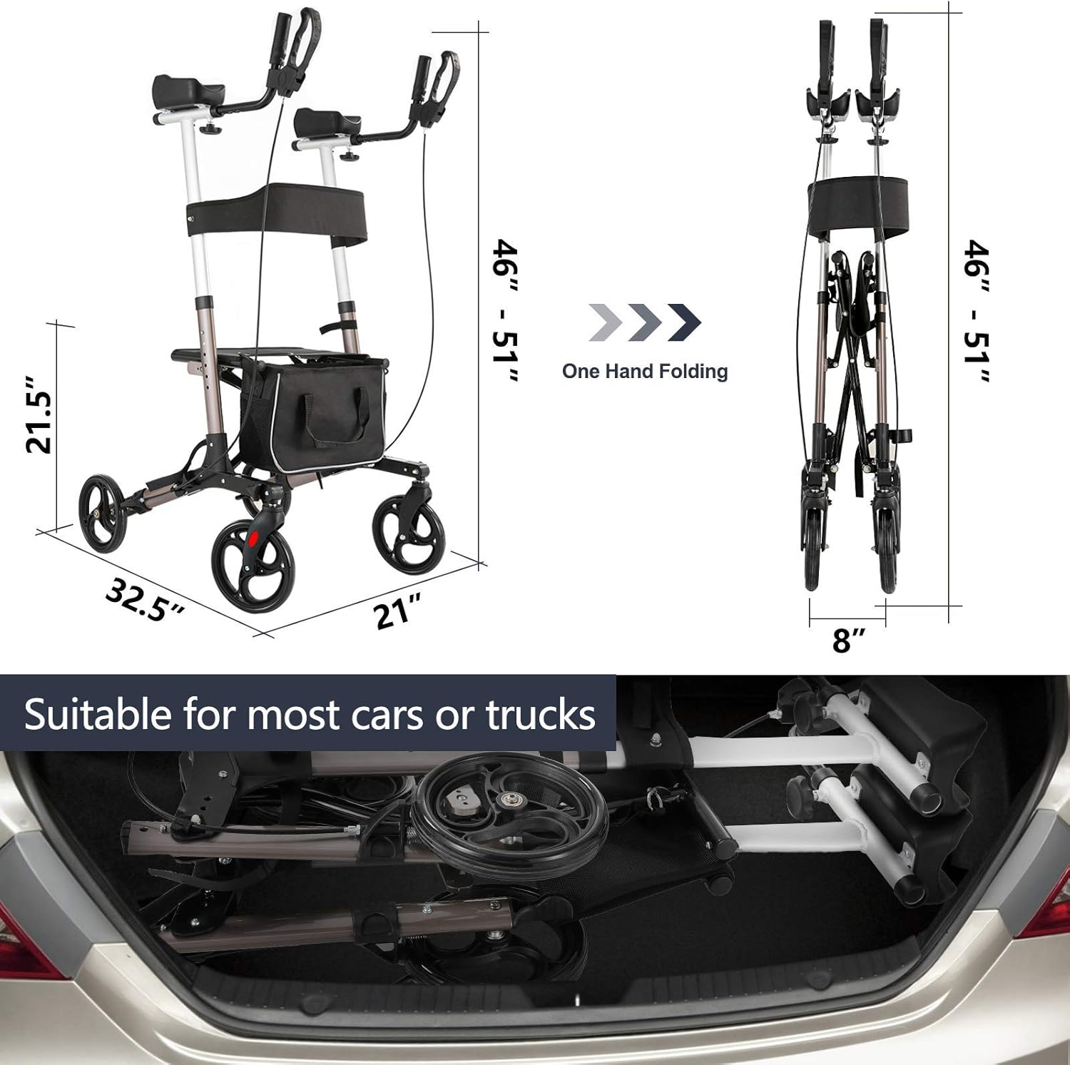 Rinkmo Rollator Walker, Walker for Seniors and Adults Stand Up Folding Rollator Walker with Seats and 8” Wheels, Padded Armrest and Backrest, Tall Rolling Mobility Walking Aid with Basket: Health & Personal Care