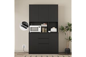 Tatub 74” Tall Pantry Cabinet with Power Outlet, Kitchen Hutch with Storage & Microwave Oven Countertop, Black Kitchen Pantry Storage Cabinet with 6 Doors and 3 Adjustable Shelves & 2 Drawers