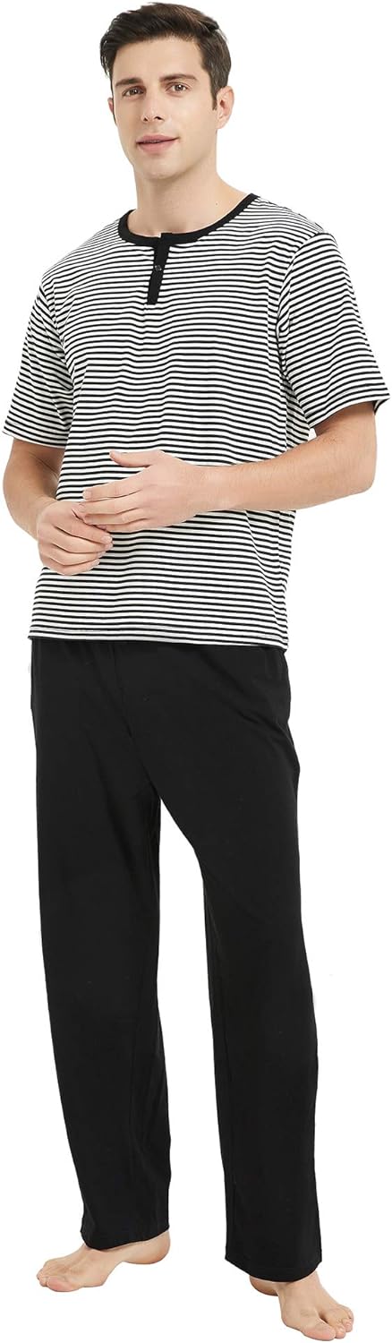 U2SKIIN Mens Cotton Pajama Set, Lightweight Short Sleeve Sleepwear Long Cotton Pajama Bottoms… at  Men’s Clothing store