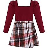 Adarl Girls Plaid Skirt Set A-Line Skort 2PCS Outfit Casual Square Neck Knit Puff Sleeve Shirt Top Fall Winter Clothes 7-14Y