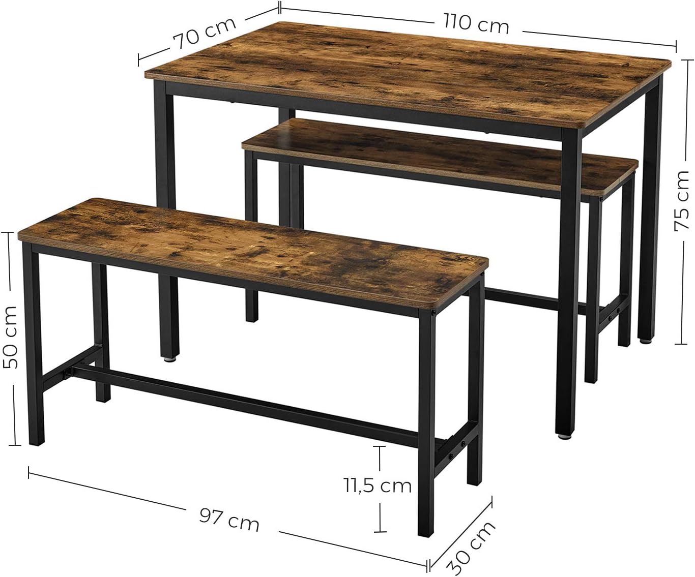 Vasagle Kdt070b01 Dining Table Kitchen Table Set 110 X 70 X 75 Cm With 2 Benches Each 97 X 30 X 50 Cm Metal Frame For Kitchen Living Room Dining Room Industrial