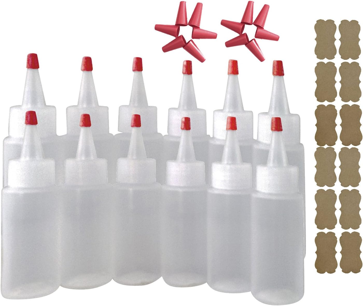 SanDaveVA Brand 2oz Squeeze LDPE Bottles w/Yorker Caps 12/pk includes Kraft Labels and 12 Replacement Over-cap Cake Decorating Condiment Paint Glue Versatile Highly Squeezable Arthritic Hand Friendly