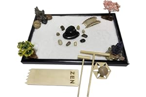 Oritlife Japanese Relax Desktop Zen Garden Kit for Desk, Mini Meditation kit with Square Sandbox 11.8“ x 8", Balance Stones, Bamboo Rake, White Sand, Cherry Blossom Tree