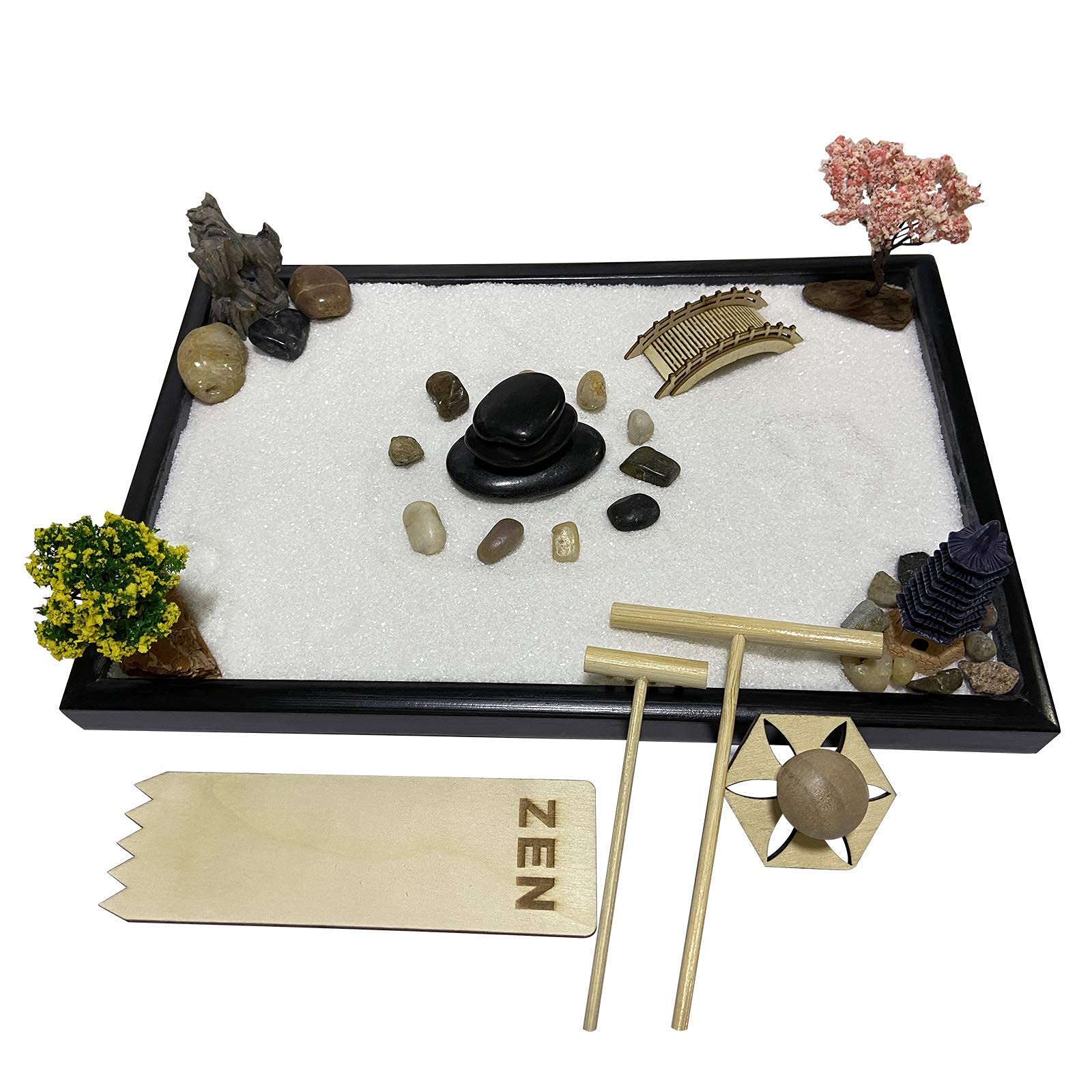 Japanese Relax Desktop Zen Garden Kit for Desk, Mini Meditation kit with Square Sandbox 11.8“ x 8", Balance Stones, Bamboo Rake, White Sand, Cherry Blossom Tree