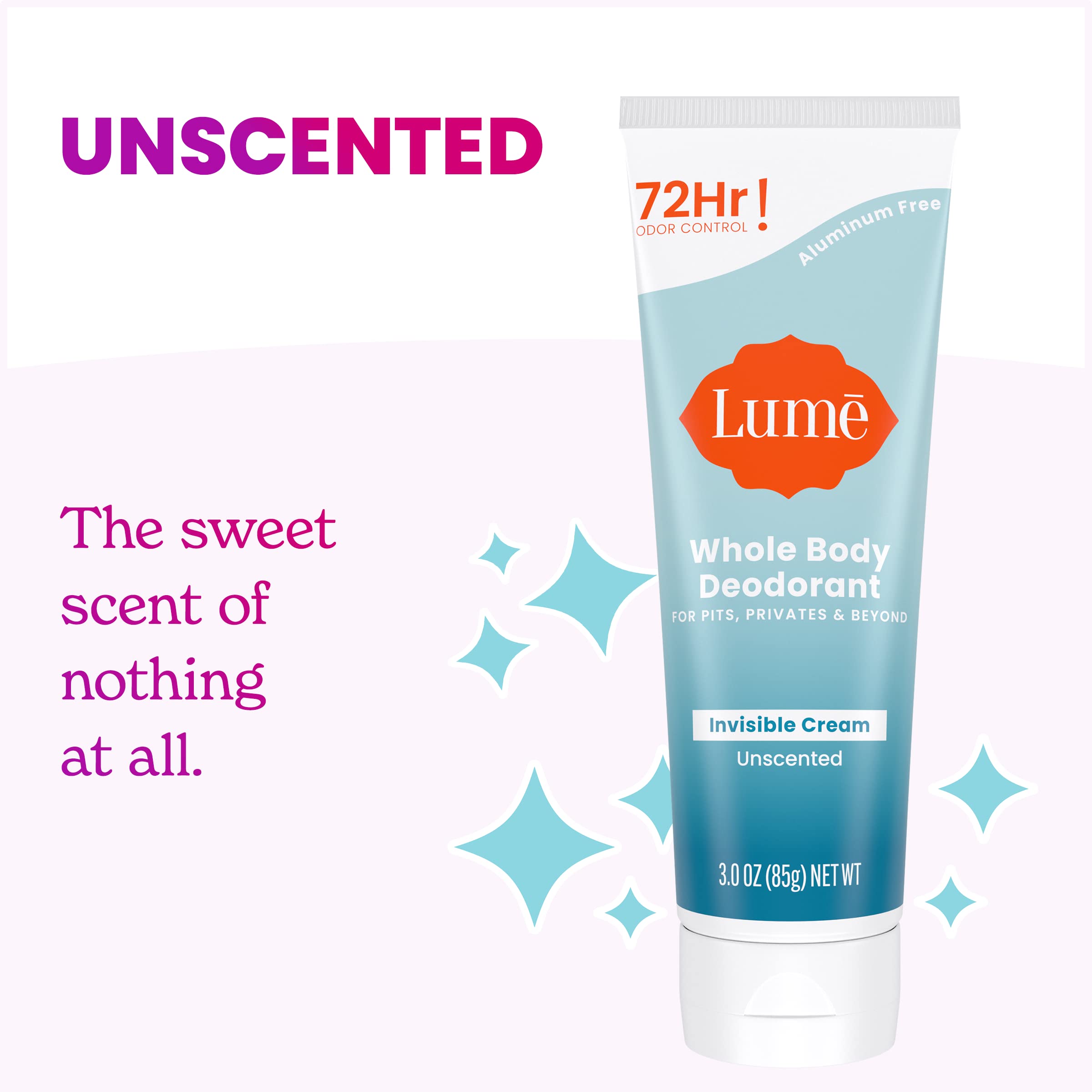 Lume Whole Body Deodorant - Invisible Cream Tube - 72 Hour Odor Control - Aluminum Free, Baking Soda Free, Skin Safe - 3.0 ounce (Pack of 2) (Unscented)