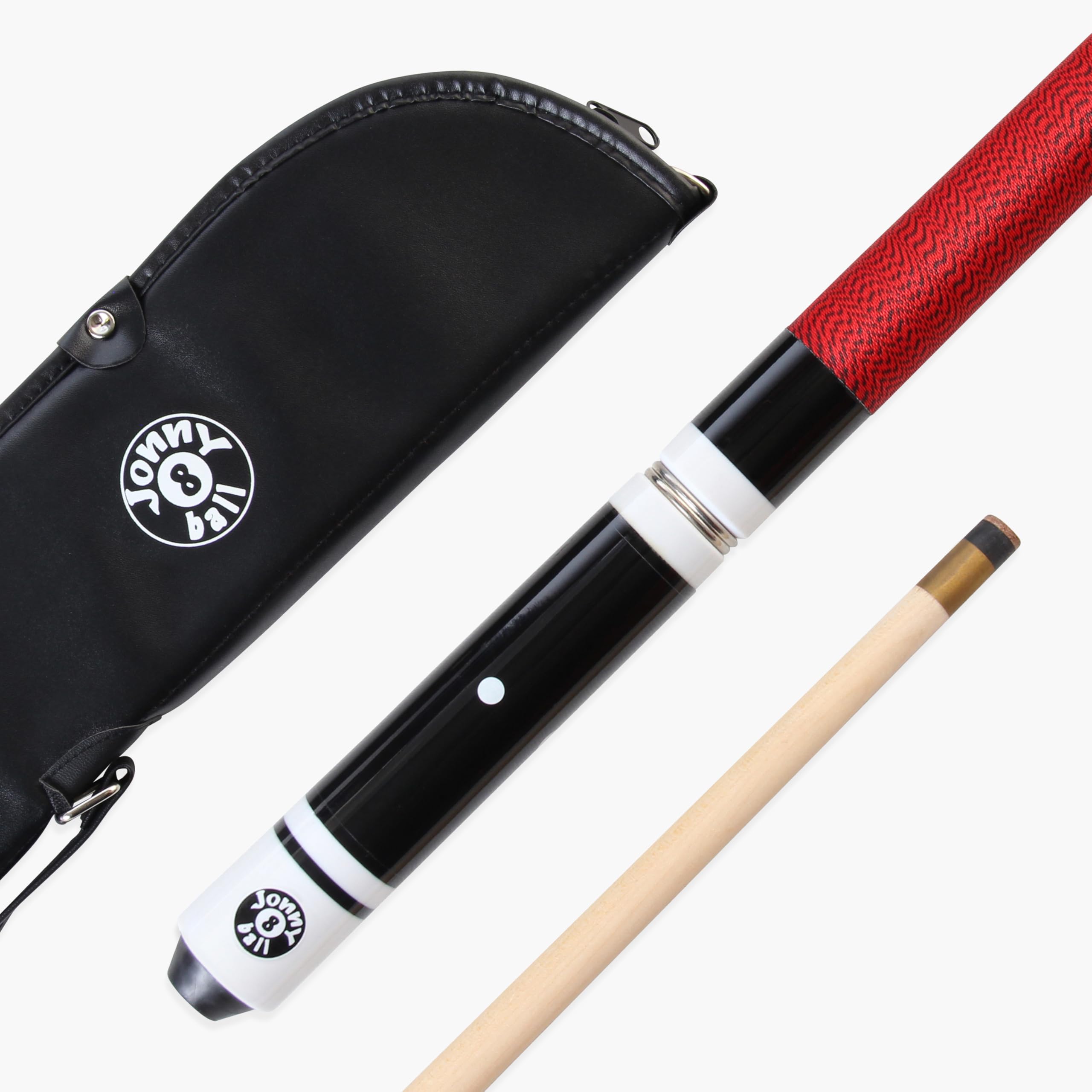 Jonny 8 Ball Hardwood 4 Piece Adjustable Snooker Pool Cue and Padded Soft Case with 4 x 11mm Screw Tips (Red)