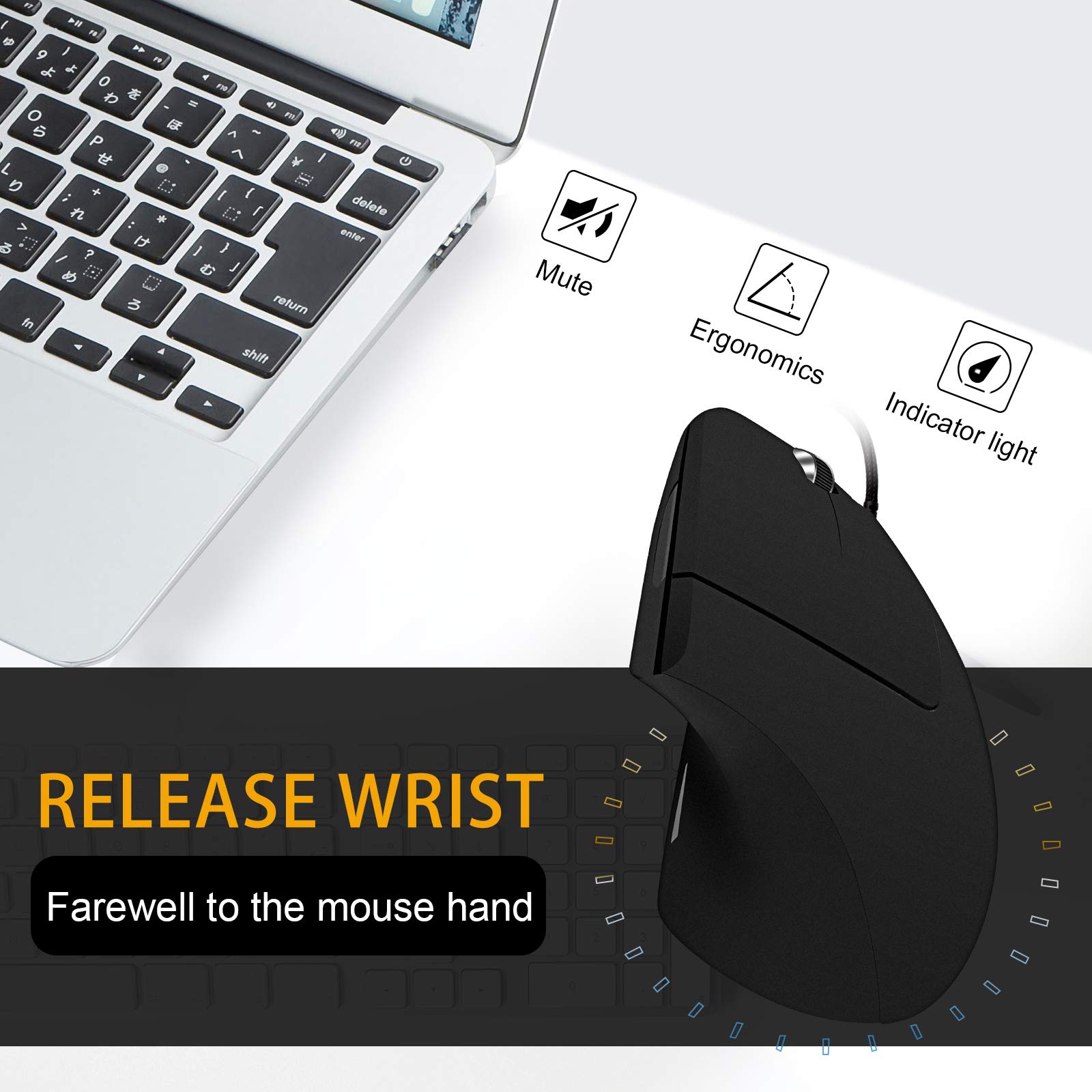 Wired Vertical Mouse, Optical Ergonomic Mouse with 4 Adjustable 800/1200/2000/3200, 5 Buttons USB Computer Mouse, Better for Large and Medium Sized Hands