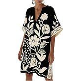 SweatyRocks Women's Boho Floral Print Kaftan Short Dress Beach Cover Ups | Side Split,V Neck ,Loose Half Dolman Sleeve,Vacation, Summer, Cover Up Dress