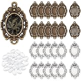 UNICRAFTALE about 60pcs 2 Colors Oval Fancy Tibetan Style Pendant Cabochon Setting Trays Pendant Blank Dome Bezel Charm with Glass Cabochons for DIY Photo Crafts Necklace Jewelry Making Tray 14x10mm