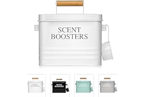 Calindiana Modern Farmhouse Metal Laundry Scent Booster Beads Dispenser Container with Scoop for Laundry Room Decor and Accessories and Space Saving Laundry Room Organization and Storage, White