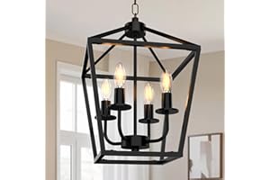 Phaosio Farmhouse Lantern Chandelier 4-Light, Industrial Black Ceiling Light Fixture with Rustic Open Cage and Adjustable Hanging Height, E12 Base for Kitchen Island, Dining Room, Entryway, Foyer