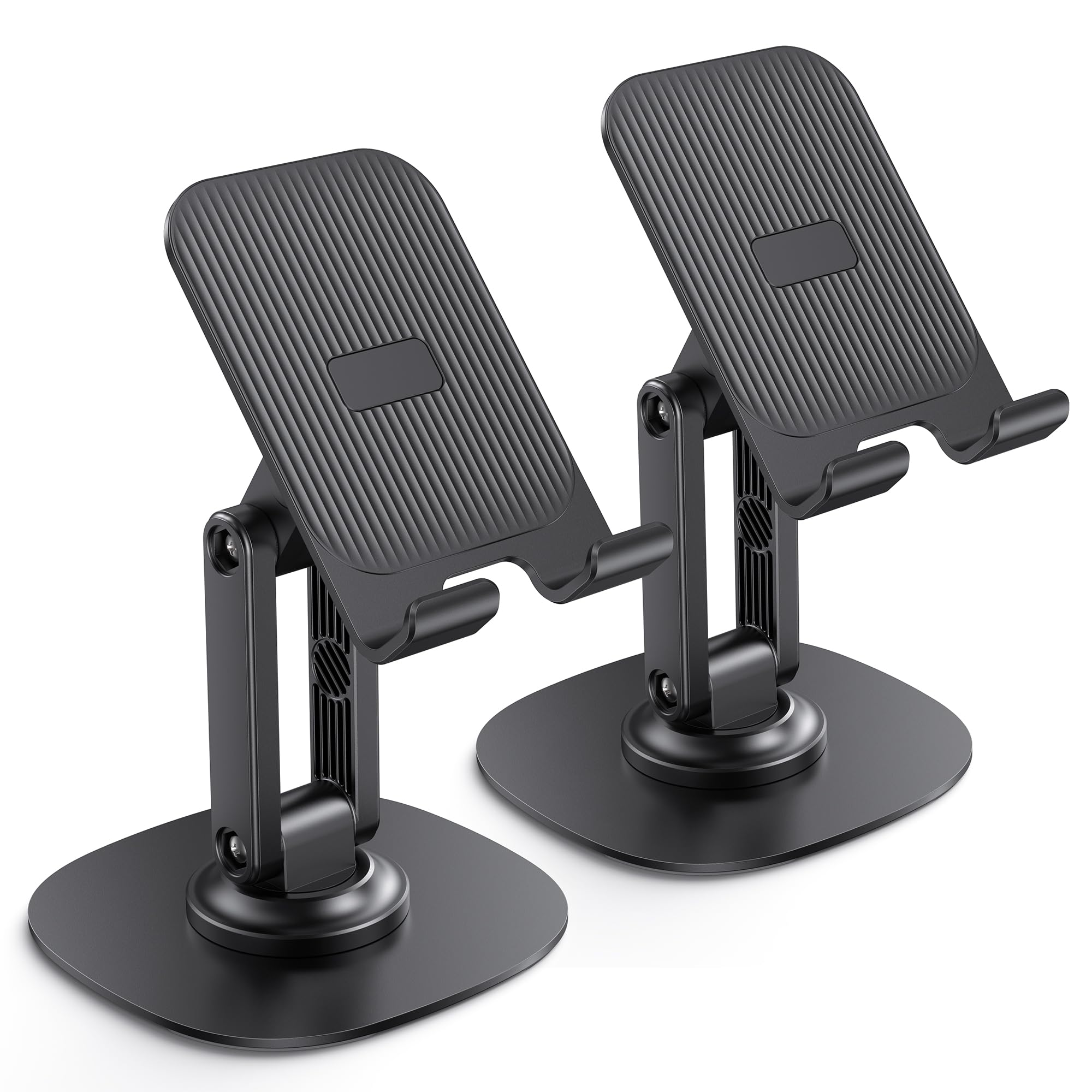 OMOTON Cell Phone Stand for Desk, 2 Pack Adjustable Foldable Phone Holder, 360 Swivel Mobile Stand Fit for iPhone 17 16 15 14 13 Pro Max and All Smart Phones, Black & Black