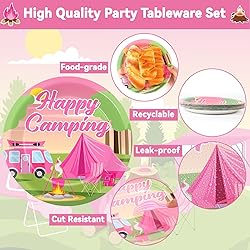 OBUSATT 100 Pcs Pink Camping Party Supplies Paper