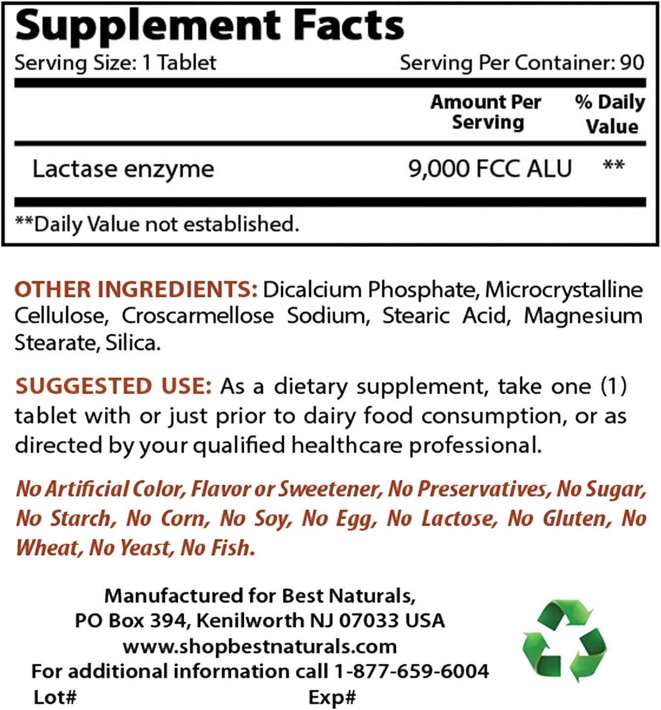 Best Naturals Lactose Intolerance Relief Tablets with Natural Lactase Enzyme, Fast Acting High Potency Lactase, 9000 FCC ALU, 90 Count: Health & Personal Care