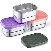 Homikit 3 Pack Snack Containers for Kids, 18/10 Stainless Steel Toddler Lunch Box with Silicone Lids, Reusable Bento Food Container Set for School Daycare, Nontoxic & Leak Proof, Pink/Purple/Gray