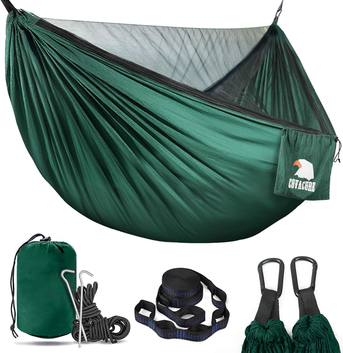 COVACURE Hängematte, Hängematte Outdoor mit Moskitonetz Ultra - Licht Atmungsaktiv, Schnell Trocknende Fallschirm Nylon Camping Hängematte für Trekking, Reise, Strand, Garten - 350 KG Kapazität