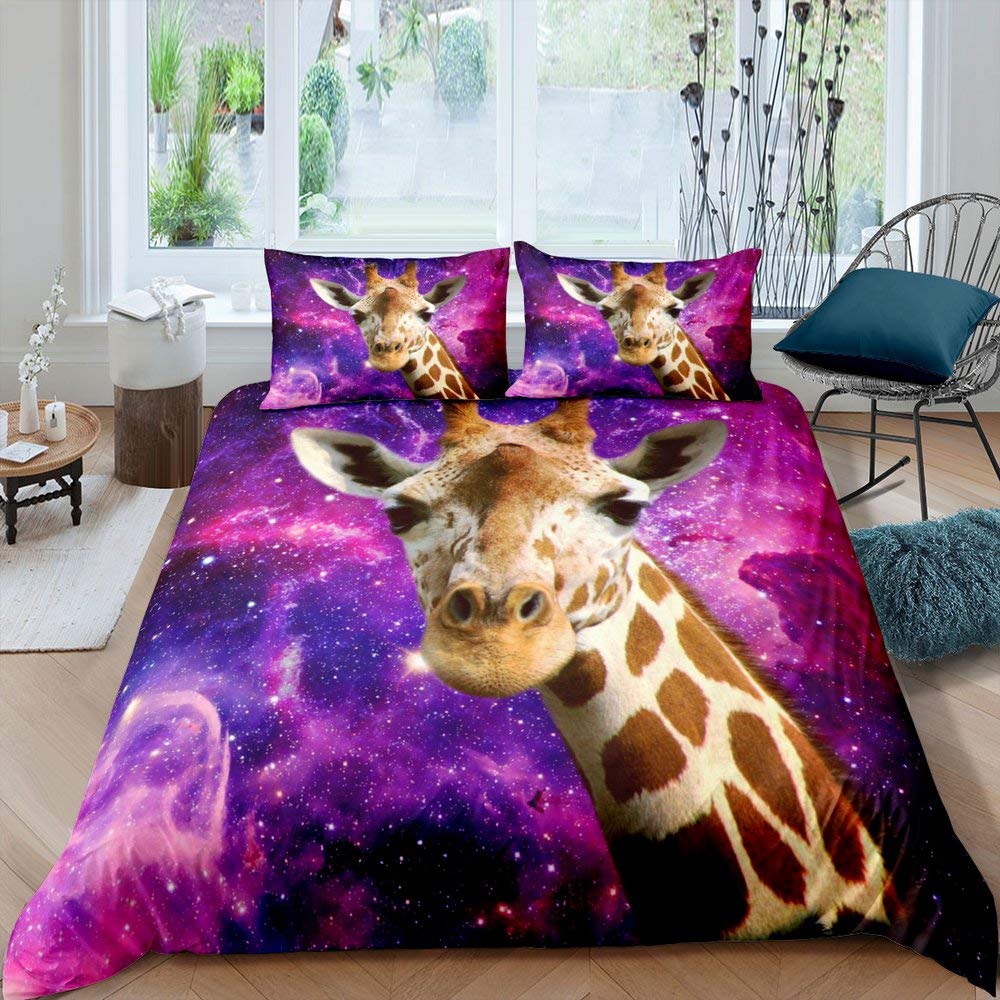 Giraffe Bedding Set 3pcs for Kids Boys Teens Animal Theme Comforter Cover Purple Starry Sky Background Duvet Cover Set Soft Polyester Quilt Cover with 2 Pillow Cases(No Comforter) Double Size