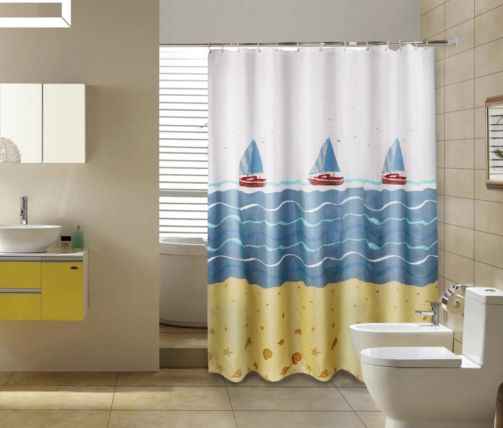 GONOVE Shower Curtain 280 x 200cm Mildew Resistant Waterproof Thicken Polyester Fabric Sail Boat Bathroom Shower Curtain Liner Long Washable Bath Curtain with Hooks, Weighted Hem — image 1