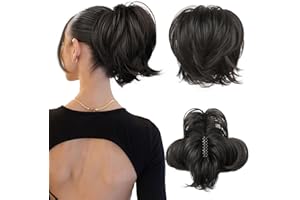 HOOJIH Messy Bun Hair Piece, Claw Clip in Straight Hair Bun 9 Inch Short Ponytail Extension with Bendable Metal Wire Hair Pieces for Women Fake Hair Bun DIY Styles - Black Brown