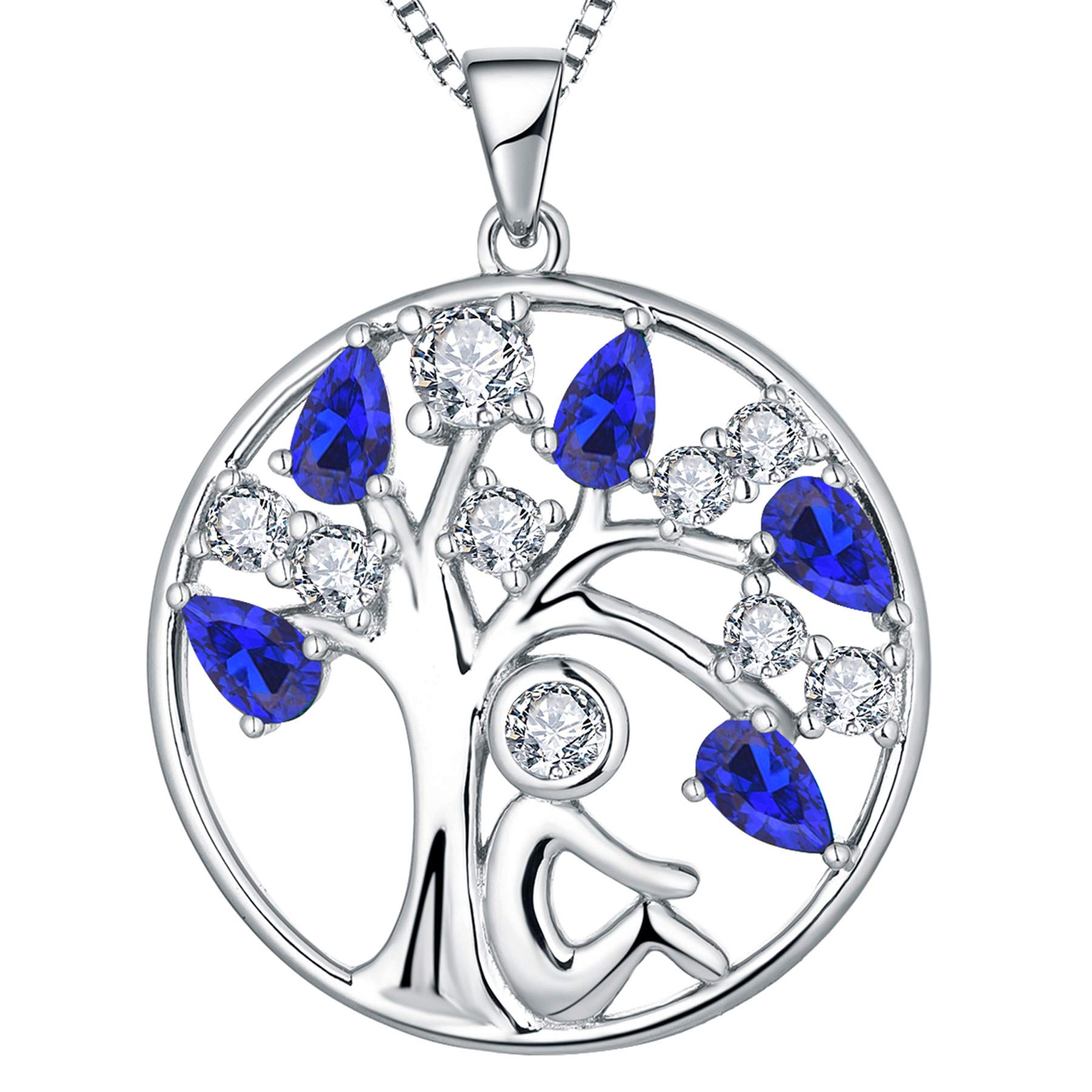 YL Tree of Life Necklace 925 Sterling Silver cut September Birthstone Spinel Blue Family Tree Girl Pendant Necklace for Women,45+5CM