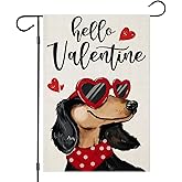 EKOREST Hello Valentines Garden Flags 12x18 Inch Double Sided, Dachshund Dog with Love Sunglass Heart Small Seasonal Decoration for Holiday Anniversary Wedding Yard Outside Outdoor